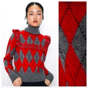 Zara Red and Gray Argyle Turtleneck Sweater